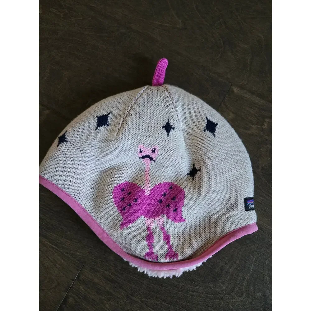 Patagonia Baby Knit Hat Pink Fleece Lined Ostrich Graphic